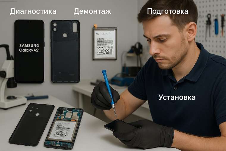 Замена батареи Samsung A21 в Гомеле